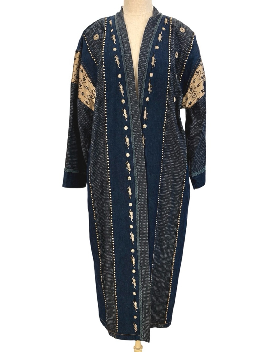 Vintage Molato Denim Kimono Duster Coat Elephant Embroidered Studded Boho Medium